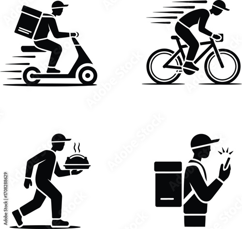 Last Mile Delivery Icon Grid – Scooter, Bike, Tray & Mobile Courier Set