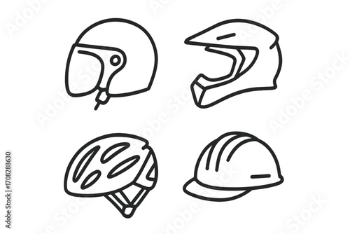 Helmet icon set vector illustration. Motorcycle, bicycle, construction hard hat, and motocross helmets. Outline style for safety, sports, and industry concepts. Simple line art.