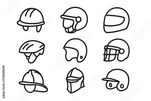 Helmet icon set. Thin line outline vector collection. Safety head protection signs for construction, motorcycle, bicycle, football, racing, firefighter, knight, baseball.