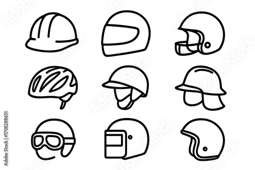 Helmet line icon set. Head protection gear for safety. Vector outline symbols of construction, motorcycle, bicycle, military, firefighter, and sports helmets for web design.