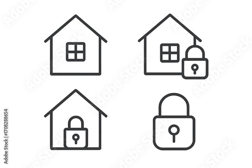 Home security icon set with house and lock. Property protection and safety concept. Minimal linear pictogram collection. Padlock symbol for secure real estate. Vector.