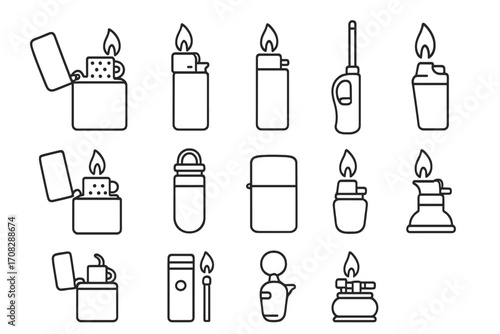 Lighter line icon pack. Outline pictograms for graphic and web design. Various lighter types, fire, flame symbols. Vector set for apps, smoking, camping, ignition concepts.