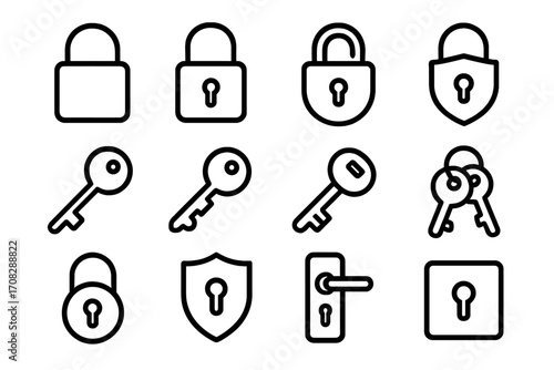 Lock and key line icon pack with outline security symbols for graphic design, web apps, advertisements, various cards, transparent background, vector cartoon illustrations