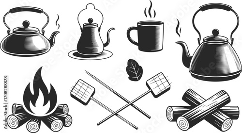 Vintage camping tea set, campfire cooking tools, outdoor kettle and mugs, rustic coffee setup for adventure, hand-drawn black and white 