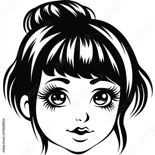 Black and white shows a girl's face with big eyes and hair bun