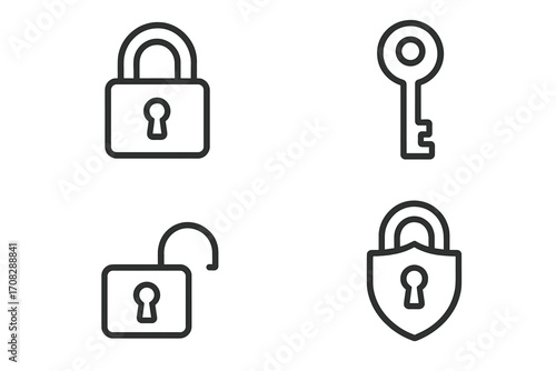 Lock and key modern outline icons set for design, apps, social networks, websites, security symbols, padlock and unlock concepts, vector cartoon illustration transparent background
