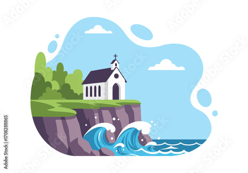 Flat style illustration of a coastal church on a cliff above ocean waves, symbolizing faith, spirituality, strength, and peace in a scenic seaside landscape
