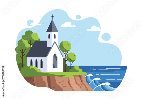 Flat style illustration of a coastal church on a cliff above ocean waves, symbolizing faith, spirituality, strength, and peace in a scenic seaside landscape