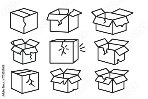 Set of cracked and broken cardboard boxes icons, damaged packaging outline signs, container with tears and openings, shipping and delivery concept vector cartoon illustration