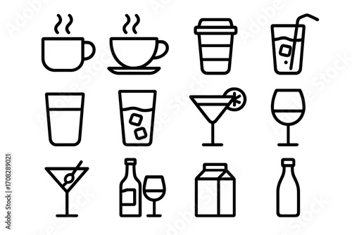 Set of beverage related line icons, cup outline signs for graphic and web design, apps, adverts, cards, coffee, tea, cocktails, wine, milk, juice vector illustration