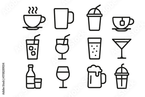 Set of Beverage Line Icons with Cup and Glass Outline Signs for Graphic Design, Web, Apps, Advertising, Cards, Coffee, Tea, Juice, Alcohol, Cocktail Vector Illustration