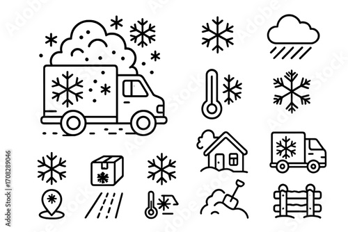 Delivery truck with snowflake and winter weather icons, cold temperature, snow fall, snow shovel, house in snow, frozen road, parcel delivery, logistics, winter season vector illustration