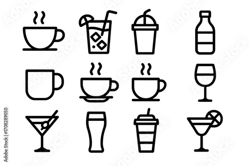 Set of beverage line icons, cup outline signs for graphic design, web apps, adverts, various cards, coffee, tea, cocktails, juice, bottle, glass, vector cartoon illustration