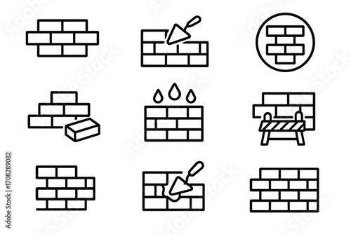 Set of Building and Construction Line Icons with Brick Wall Outlines, Masonry Tools, Waterproofing Symbols, Safety Barriers, and Repair Illustrations for Graphic, Web, App Design, and Advertising