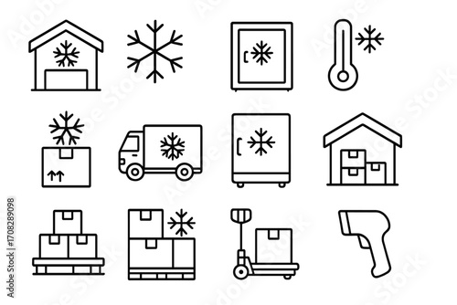 Set of freezer warehouse line icons, cold storage signs, frost symbols, frozen goods delivery truck, temperature control, pallet boxes, barcode scanner, logistics design elements, vector illustration