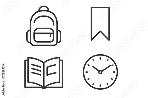 Set of school college university education related line icons, editable stroke design for websites apps cards, linear symbols of backpack bookmark book clock, academic study tools