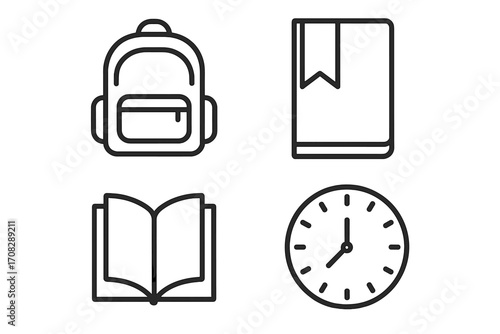School college university education icons set. Editable line stroke vector graphics for websites, apps, cards. Includes backpack, bookmark, open book, clock symbols for learning and study concepts.