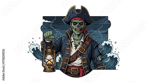Zombie Pirate with Lantern: An eerie illustration depicts a undead pirate captain, lantern in hand, set against a backdrop of tumultuous waves and storm clouds.