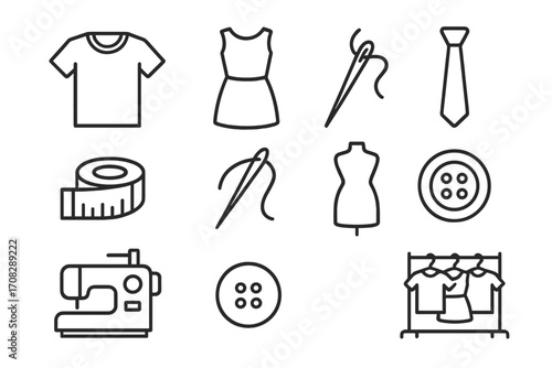 Sewing and garment icon pack. Modern line vector collection for design, web, apps, cards featuring T-shirt, dress, tie, measuring tape, sewing machine, needle, button, garment rack
