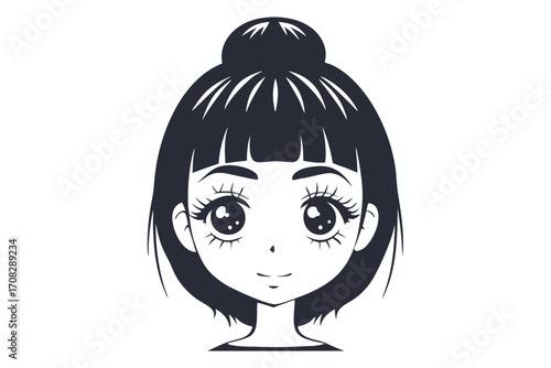 Cartoon girl with big eyes and a hair bun is displayed