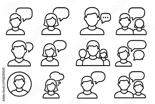 People speech bubble icon pack, line art outline signs for graphic design, web apps, adverts, communication symbols, chat, conversation bubbles, user interface elements, vector illustration set