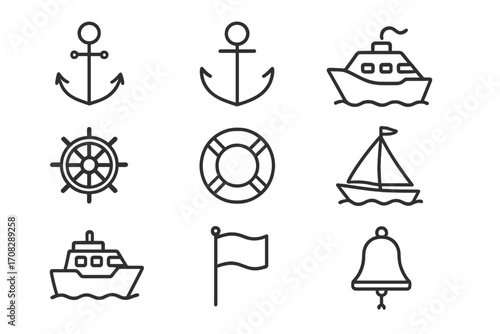 Set of Ship and Nautical Line Icons, Anchor, Ship Wheel, Lifebuoy, Sailboat, Marine Flag, Bell, Maritime Symbols, Ocean Travel, Sea Navigation Vector Illustration for Web, Apps, Advertisements, Cards
