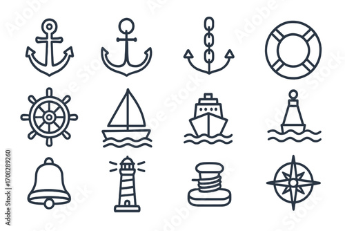 Nautical line icon bundle with anchors, ship wheel, sailboat, cruise ship, lighthouse, buoy, compass, bell, marine rope, and life preserver for web, apps, advertising, and graphic design