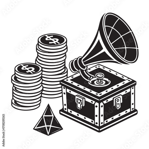 Vintage gramophone with stacks of coins and a pyramid, isolated on white background