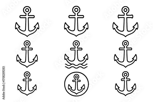 Ship line icon bundle with anchor outline signs for graphic and web design, apps, adverts, various cards, nautical symbols, marine elements, vector cartoon illustration with transparent background
