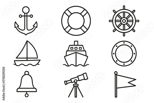 Ship Icons Bundle with Anchor, Lifebuoy, Steering Wheel, Sailboat, Ship Front, Porthole, Bell, Telescope, and Flag Outline Signs for Nautical and Marine Design, Web, Apps, and Advertising