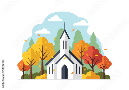 Flat style illustration of a church surrounded by autumn trees with falling leaves, symbolizing faith, spirituality, peace, and seasonal beauty in a countryside setting