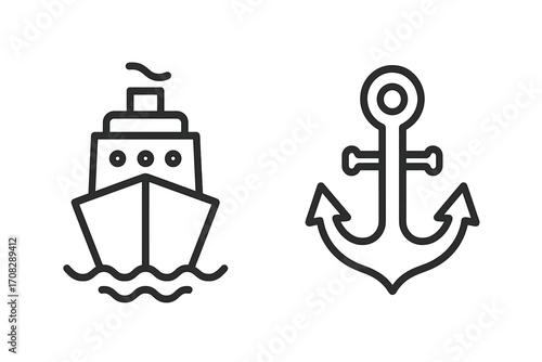 Modern ship and anchor vector icons set in outline style for design, cards, apps, social networks, nautical theme, maritime symbols, boat and marine elements, transparent background