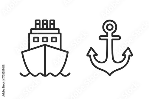 Modern ship and anchor outline style icons, vector cartoon illustration set with transparent background, maritime design elements for cards, apps, social networks