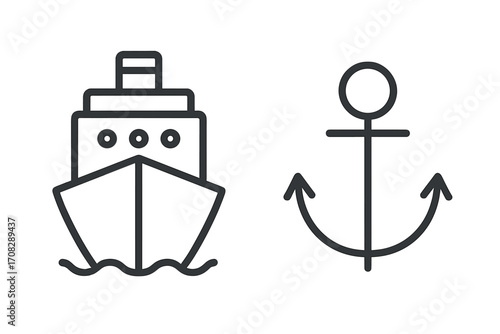 Ship and Anchor Modern Outline Style Icons for Design, Cards, Apps, Social Networks, Vector Cartoon Illustration, Nautical Symbols, Maritime Emblems, Transparent Background, Ordered Set