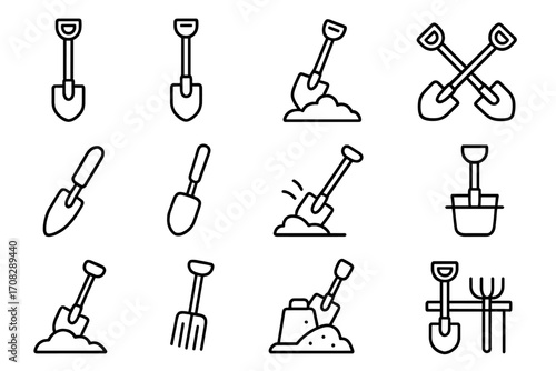 Shovel line icon set, outline garden tools, digging and planting symbols, vector cartoon illustration, transparent background, gardening accessories, web and app design, tool icons
