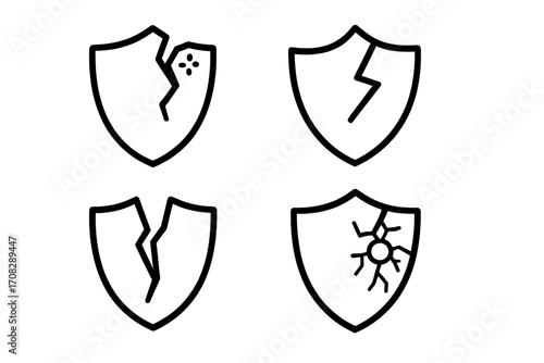 Set of broken shield line icons, cracked and damaged protection symbols, outline vector signs for graphic design, apps, adverts, security concepts, shattered shield illustrations
