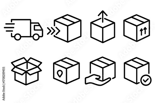 Set of delivery and shipping line icons with truck, package, box, shipping symbols, tracking, open parcel, handling hand, and approval checkmark for web, apps, ecommerce vector design