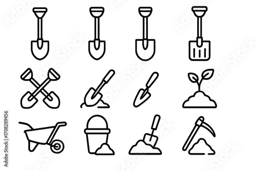 Gardening shovel line icon set, outline vector tools for landscaping, digging, planting, soil work, wheelbarrow, bucket with soil, sprout, and hand trowel illustrations for garden design and apps