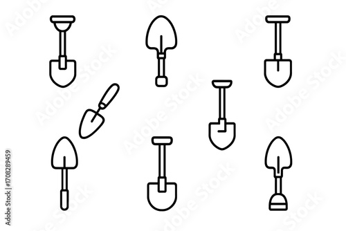 Thin line shovel icon set, outline signs for gardening tools, digging instruments, construction and landscaping symbols, vector cartoon illustration for web, apps, adverts, cards