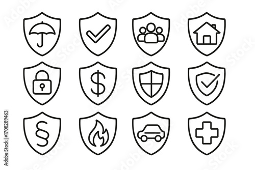 Set of Defense and Insurance Protection Line Icons with Shields and Various Outline Symbols for Security, Safety, Finance, Home, Health, and Web Design Uses
