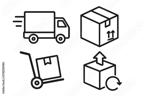 Delivery and Shipping Icons Set. Outline Truck, Package Box, Hand Truck, Shipping Return Arrow Vector Symbols for Graphic Design, Web, Apps, Advertising, and Cards