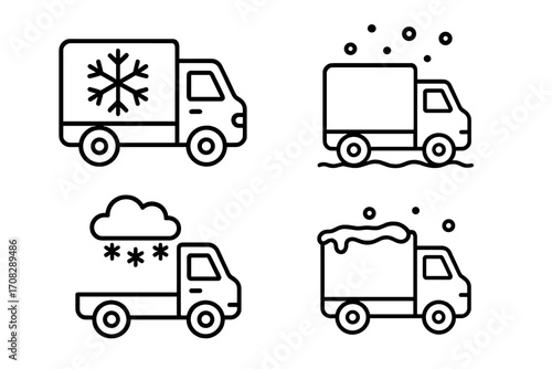 Set of delivery truck icons with snow and winter weather symbols, outline vector design for graphic, web, app, advertising, and seasonal cards illustration