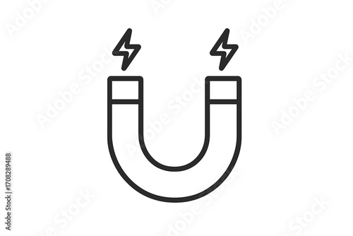 Single line icon of magnet with lightning sparks, isolated on white background, high quality editable stroke, vector cartoon style for mobile apps, web design, websites, online shops