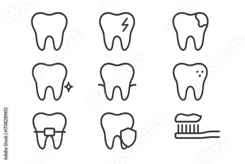 Dental care and tooth health line icon bundle, outline vector symbols for graphic design, apps, adverts, dental hygiene, orthodontics, cavity, tooth protection, clean and sparkling teeth set