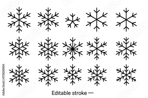 Collection of Simple Outline Snowflakes, Linear Editable Stroke Vector Icons, Winter Decorative Elements for Web, Books, Greeting Cards, Apps, Transparent Background