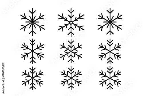 Set of Snowflake Icons Thin Outline Style, Editable Stroke Vector Pack for Winter, Holiday Decoration, Web Design, Cards, Apps, Books, Transparent Background, Cartoon Illustration