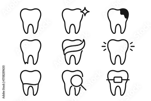 Dental care icon set, tooth outline symbols for web design, apps, advertising, oral hygiene, dentistry, vector cartoon illustration, transparent background, ordered collection