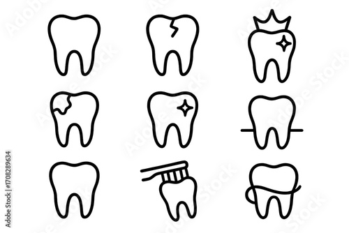 Teeth icon line pack, dental care outline symbols for graphic design, apps, ads, and cards, vector cartoon illustration, clean and cracked teeth, toothbrush, floss, oral hygiene set