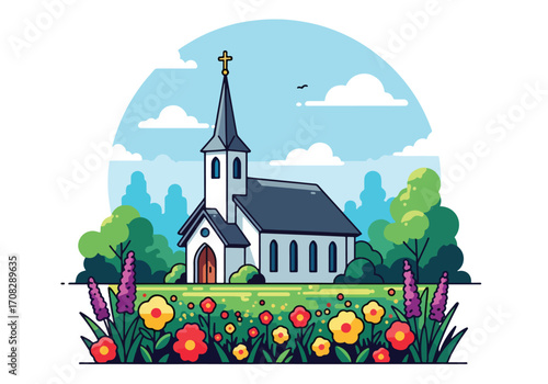 Flat style illustration of a countryside church surrounded by colorful flowers and rolling hills, symbolizing faith, peace, spirituality, and a serene place for worship in nature