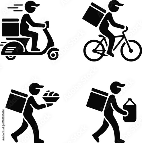 Food Delivery Worker Icons – Scooter, Bicycle, Tray & Mobile Courier Vectors